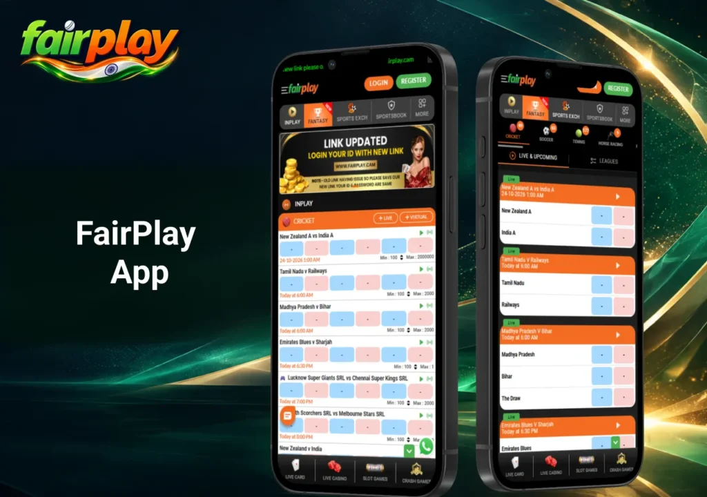 FairPlay mobile app interface displayed on two smartphones featuring live cricket betting markets, sports odds and navigation options.