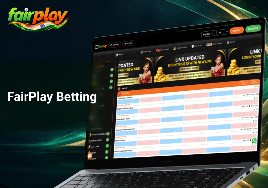 sports betting platform displayed on a laptop, featuring cricket matches, live betting markets, sportsbook navigation and betting odds for Indian players.