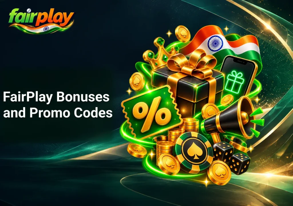 FairPlay bonuses and promo codes for Indian players featuring gift boxes, discount vouchers, casino chips, rupee coins and promotional rewards.