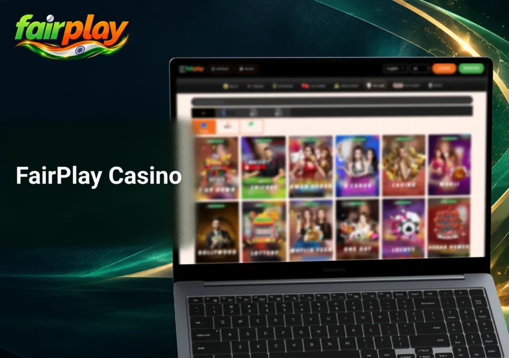 FairPlay Casino online gaming platform displayed on a laptop, featuring a selection of casino games, live dealer titles and slots for Indian players.