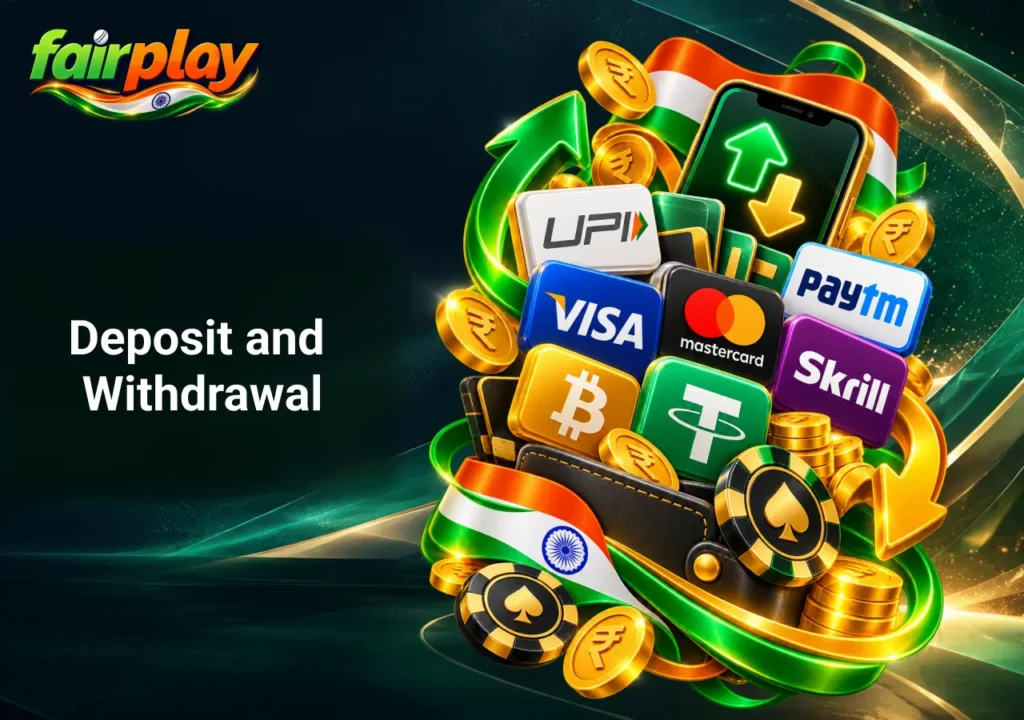FairPlay deposit and withdrawal methods in India featuring UPI, Paytm, Visa, Mastercard, Skrill, cryptocurrency, rupee coins and payment transfer icons.