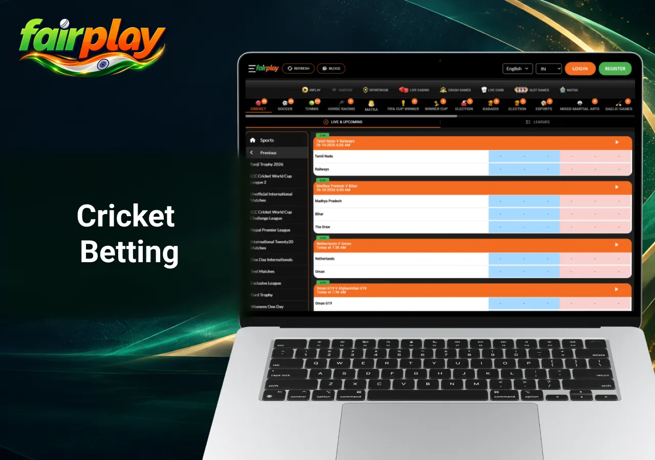 cricket betting section displayed on a laptop, featuring live and upcoming matches, cricket leagues, match selections and betting odds.