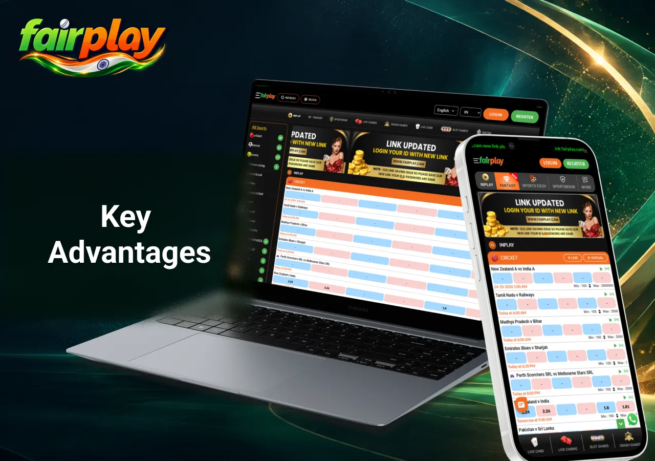 betting platform on a laptop and smartphone showing desktop and mobile interfaces with cricket matches and live betting odds.