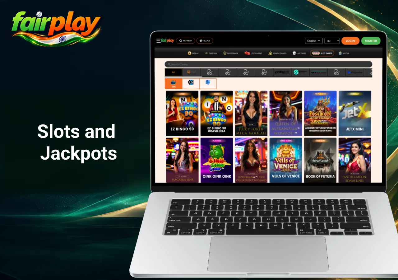 slots and jackpots collection displayed on a laptop, featuring EZ Bingo 90, Lucky Joker, Veils of Venice, JetX Mini and other online slot games.