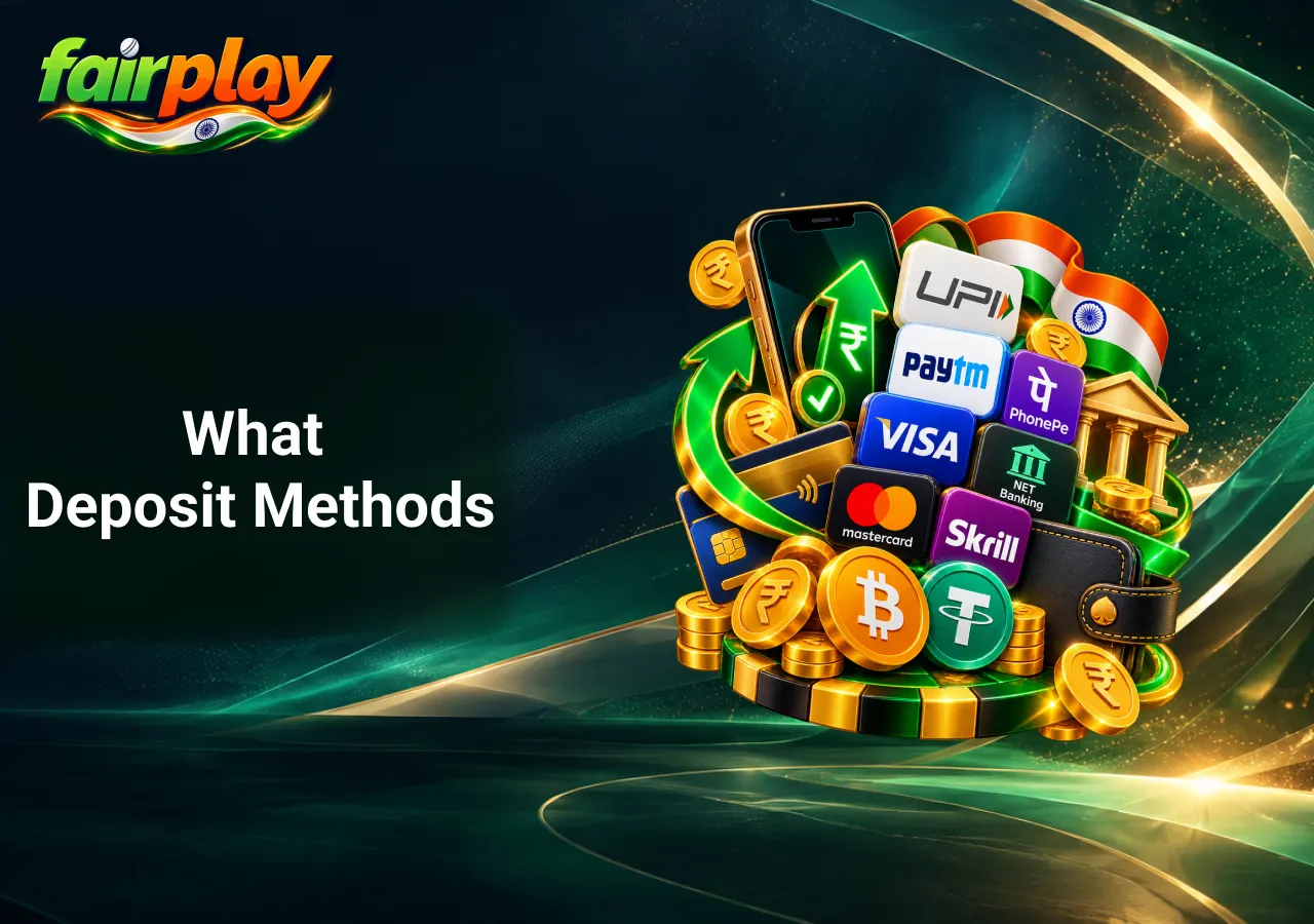 deposit methods for Indian players illustrated with UPI, Paytm, PhonePe, Visa, Mastercard, Skrill, net banking and cryptocurrency payment options.