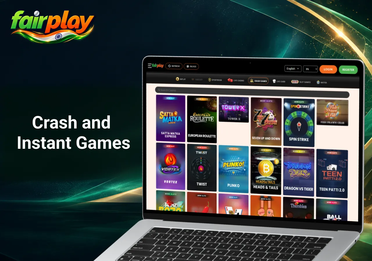 FairPlay crash and instant games displayed on a laptop, featuring Tower X, Plinko, Spin Strike, Heads & Tails, Dragon vs Tiger and other quick-play games.