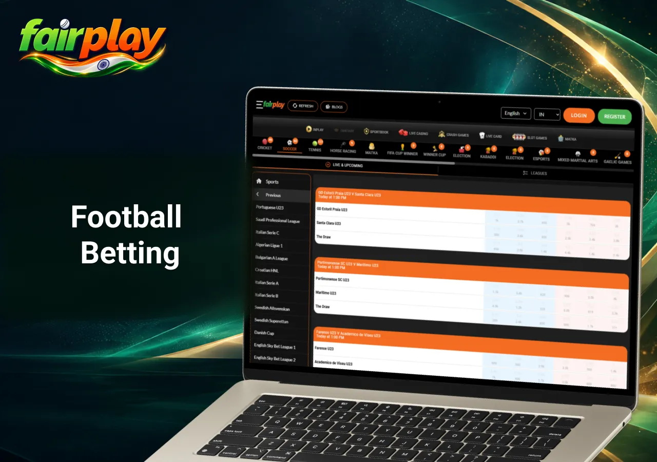 FairPlay football betting platform displayed on a laptop, featuring international football leagues, upcoming fixtures, match outcomes and sportsbook betting markets.