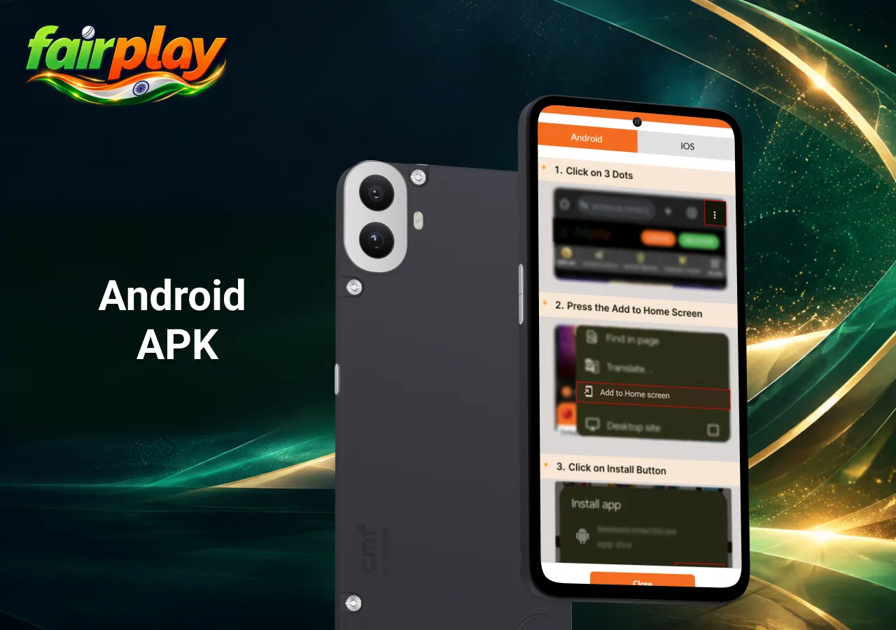Android app installation guide showing browser menu, Add to Home Screen option and installation steps on a smartphone.