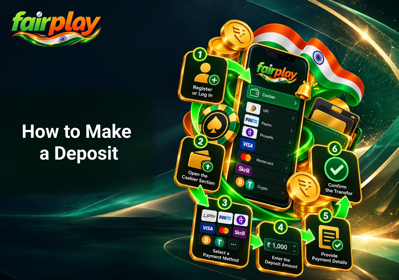 Step-by-step guide to making a deposit at FairPlay, showing account login, cashier access, payment method selection, deposit amount entry and transfer confirmation.