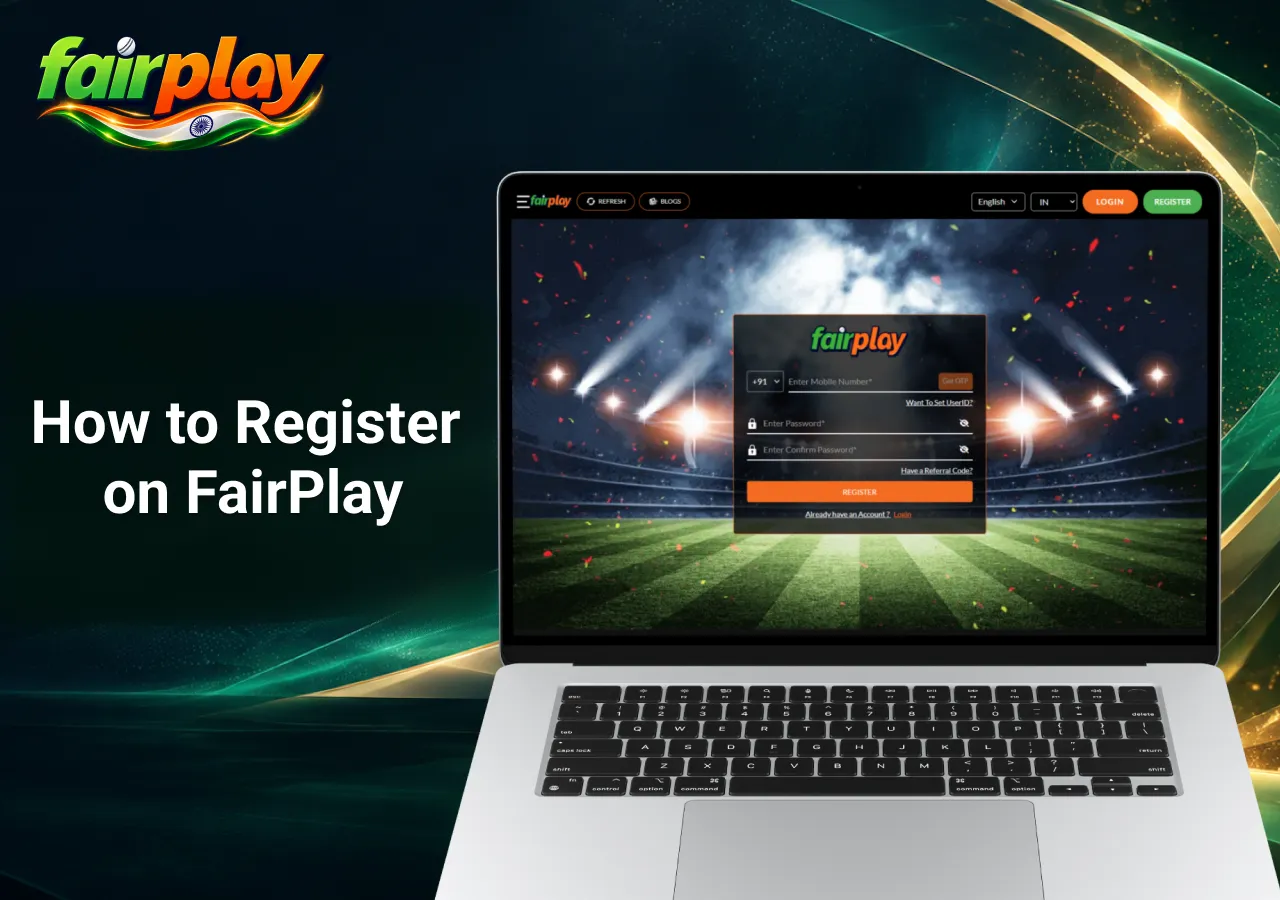 registration form on a laptop with mobile number, password fields and account creation button.