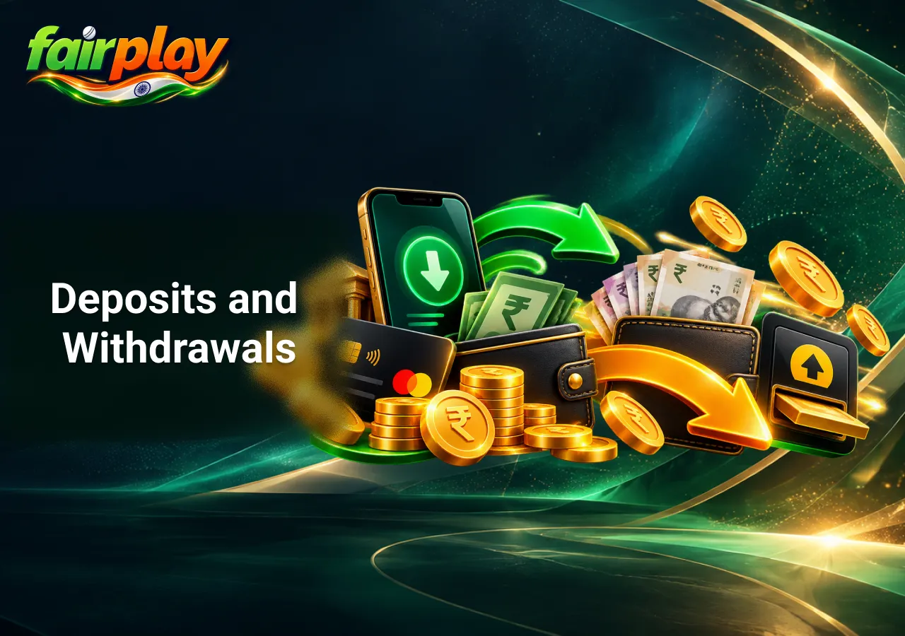 FairPlay deposit and withdrawal methods illustrated with Indian rupees, bank cards, mobile payments and digital wallets.